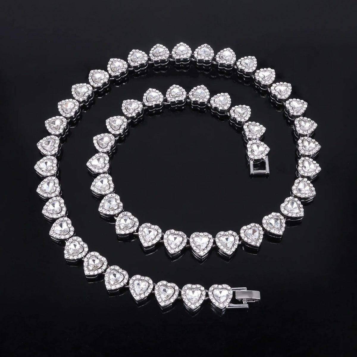 ZAKOL 2pcs/set 45CM Shiny Heart Rhinestone Hop Tennis Chain Stacked Necklace Unisex Fashion Goth Rock Hippie Choker Jewelry