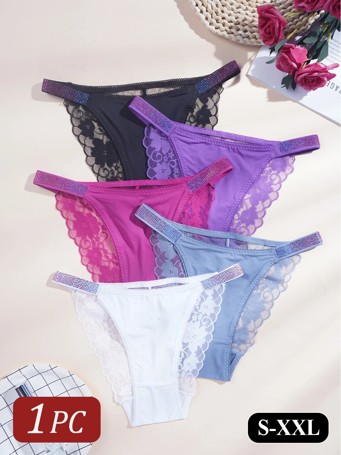 1PC Rhinestone Lace Sexy Girls Women Panties Solid Color Seamless Underwear Elegant Lace Floral Design Low Rise Briefs Lingerie