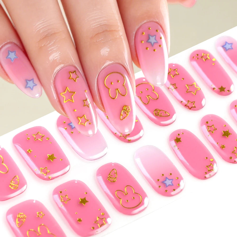 16Tips Gradient Semi Cured Gel Nail Strips Blush Flower Design Full Wrap Nail Decals French Gold Lines Gel Nail Polish Sticker