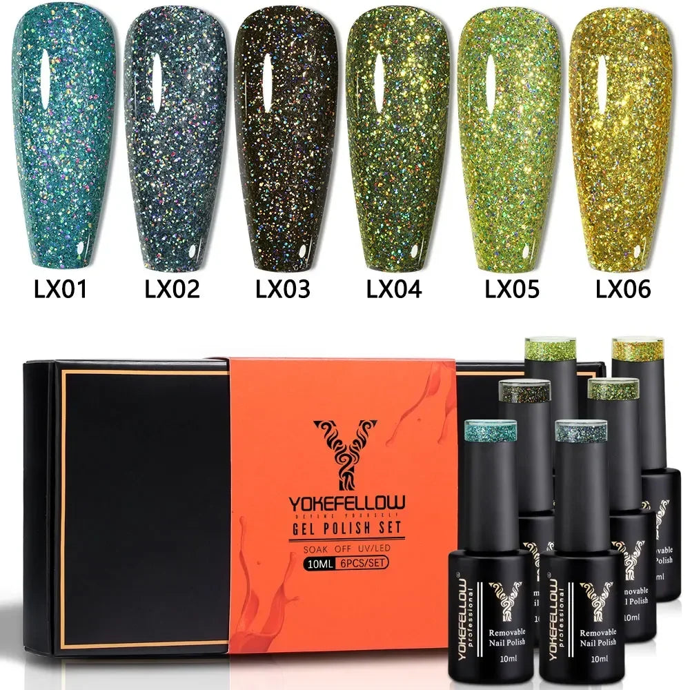 YOKEFELLOW 6Set Blue Gel Nail Polish Sky Blue Glitter Gel Nail Vernis Semi Permanent Soak Off UV Manicure Gift for Girls Women