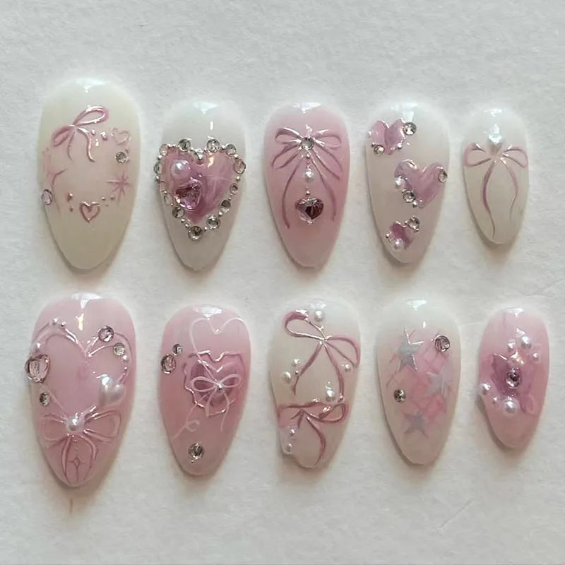 Sweet Pink Almond Press-On Nails with Bow & Heart – 24PCS