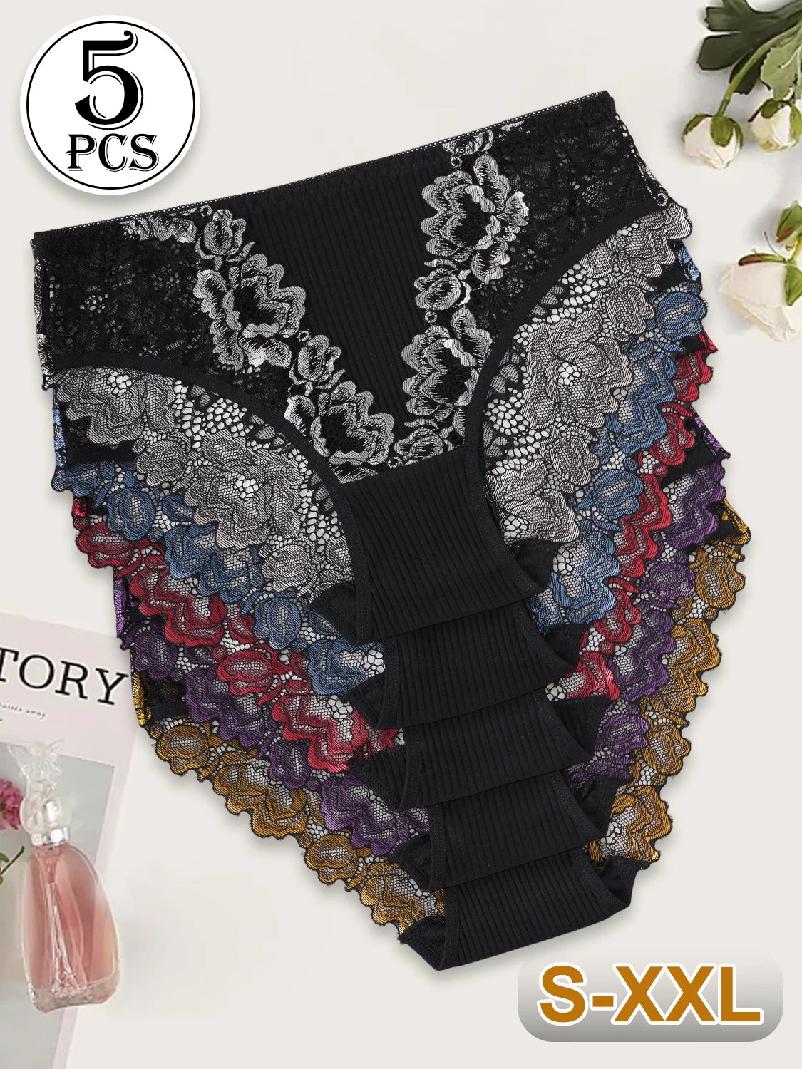 5PCS New Contrast Lace Panties Women Striped Cotton Breathable Underwear Elegant Lace Floral Sexy Briefs Mid-Rise Lingerie