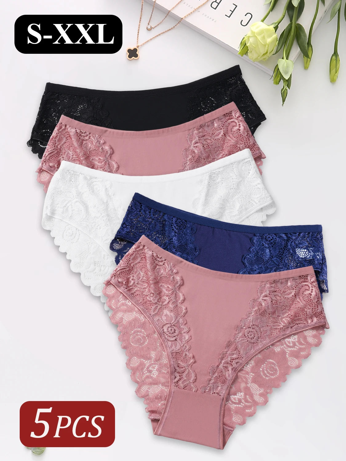 5PCS Women's Underwear Elegant Lace Floral Embroidery Sexy Panties Solid Color Mid Waist Briefs Breathable Female Lingerie