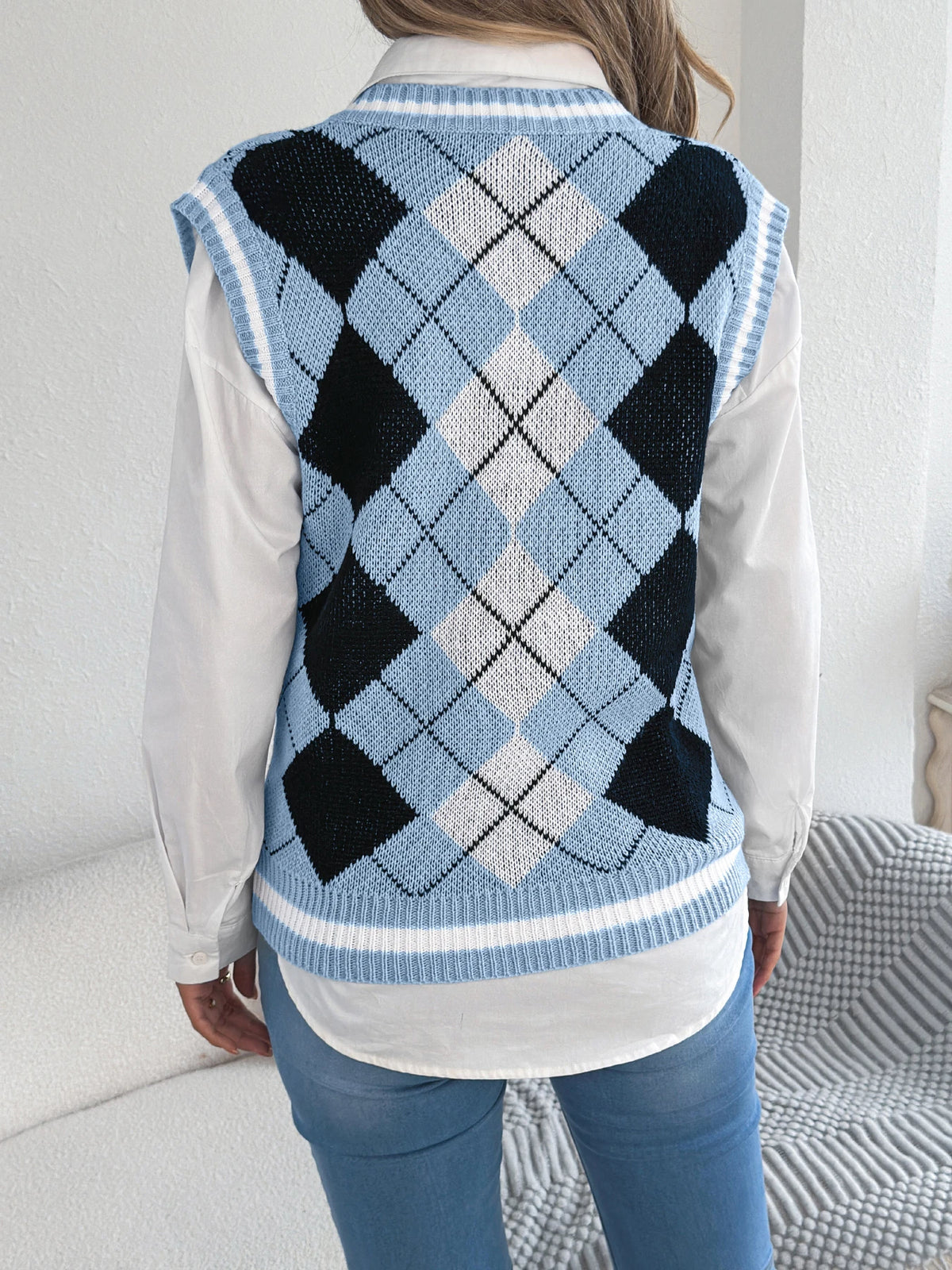 Autumn Winter Casual Knit Sweater Vest for Women 2026 Fashion V Neck Color Block Plaid Sleeveless Knitted Pullover Tops