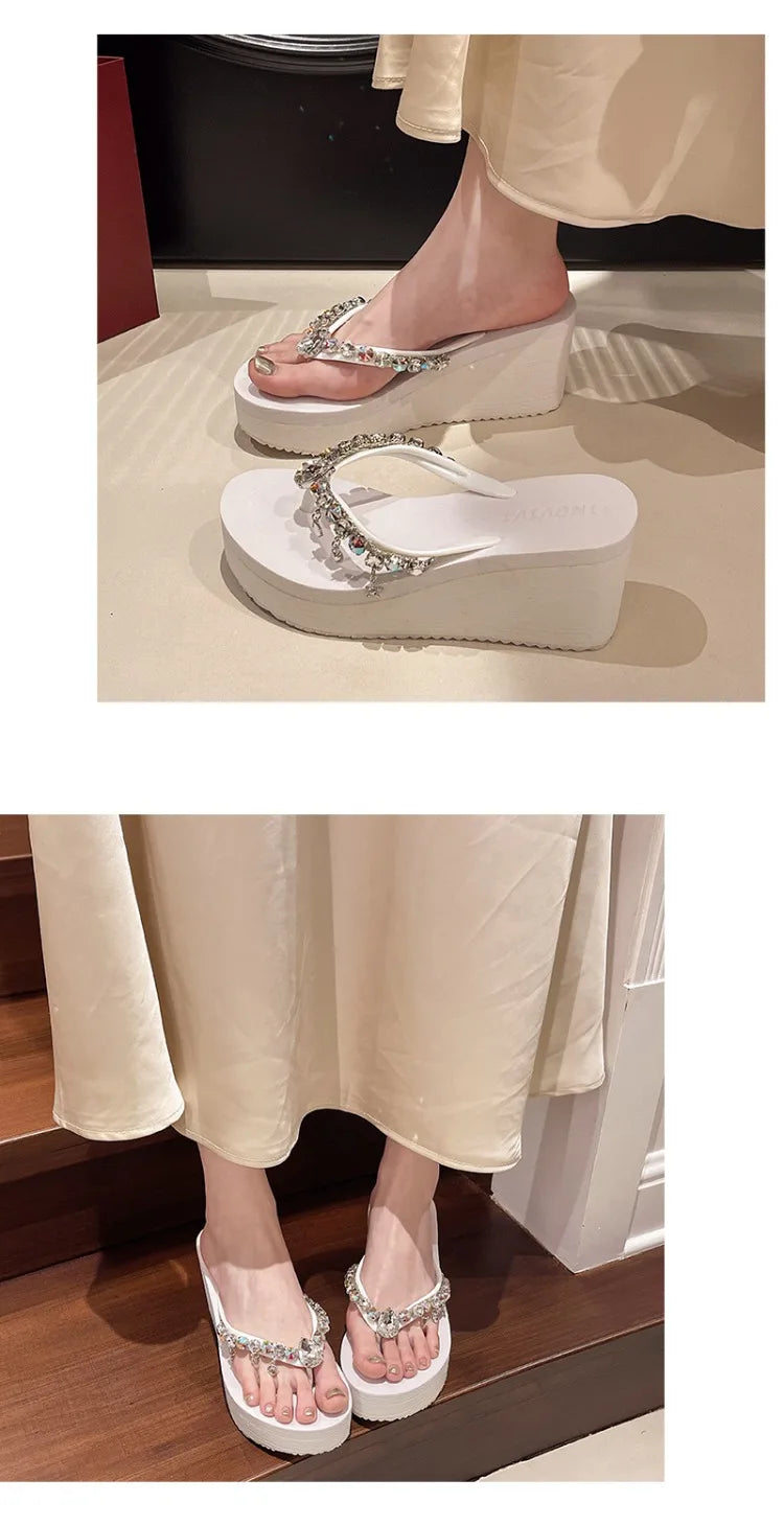 2025 Summer New High-heeled Flip Flops Women's Rhinestone Chain Pendant Thick Bottom Fashionable Clip on Sandals Beach Slippers