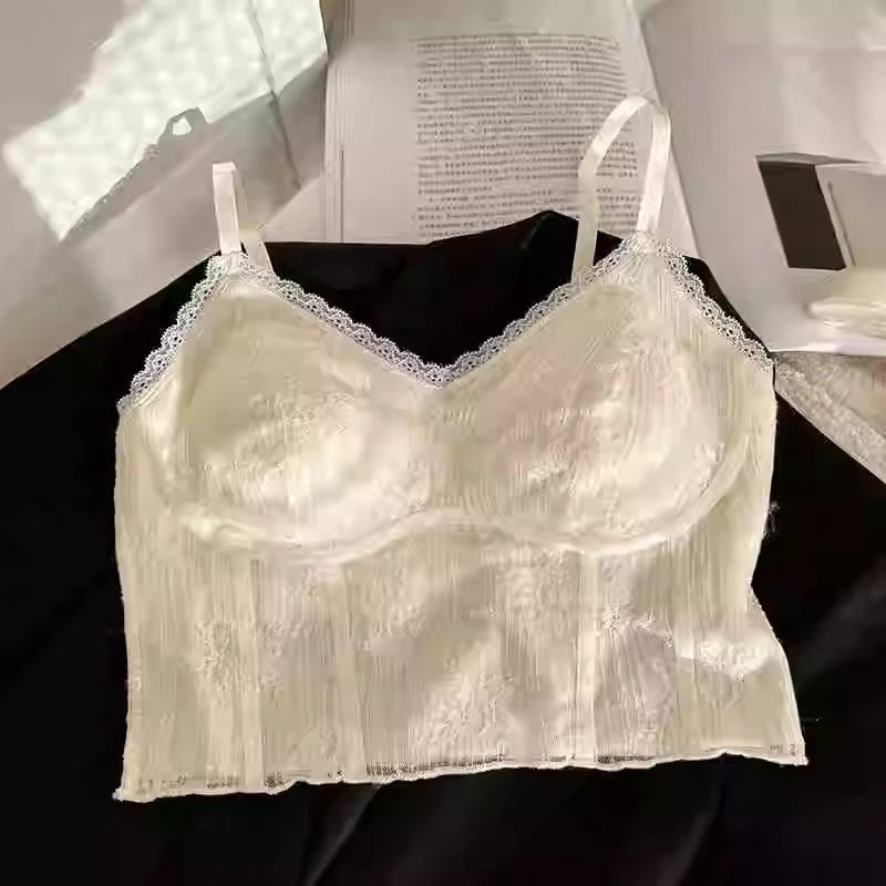 MOYISU French Lace Halter Bralette - Backless Wireless | Convertible & Removable Pads | White Comfort Bra for Daily/Evening Wear