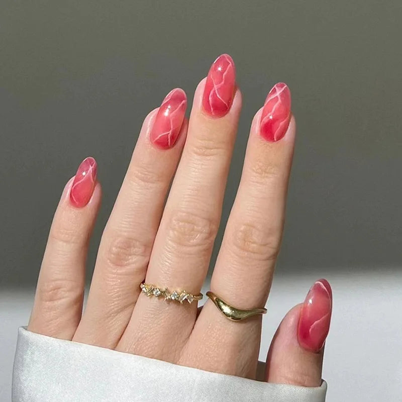 24Pcs Purple Flower Stiletto Round Head Press on Nails False Nails Almond Fake Nails French Wearable Full Cover Nail Tips