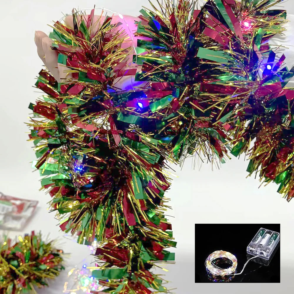 1pc 16 Ft Christmas Tinsel Garland Metallic Shinny With LED Lights Tree Thick Hanging Decorations For Xmas Party indoor