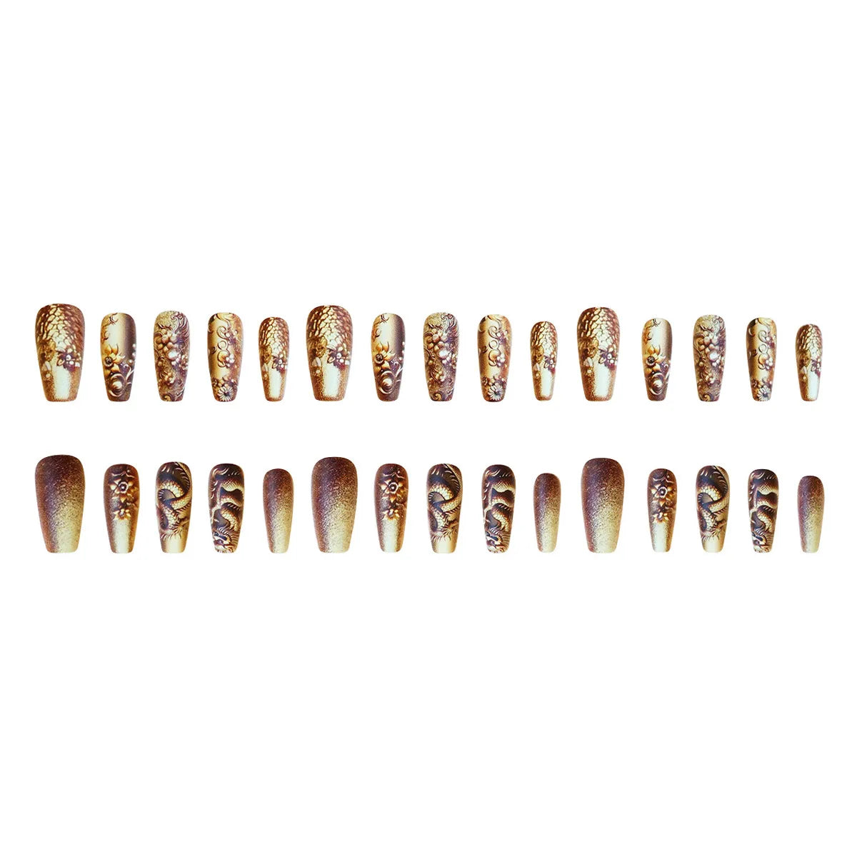 24pcs/set Medium long fake nails yellow dragon flowers feather design for Spring summer Square almond tips press on false nail