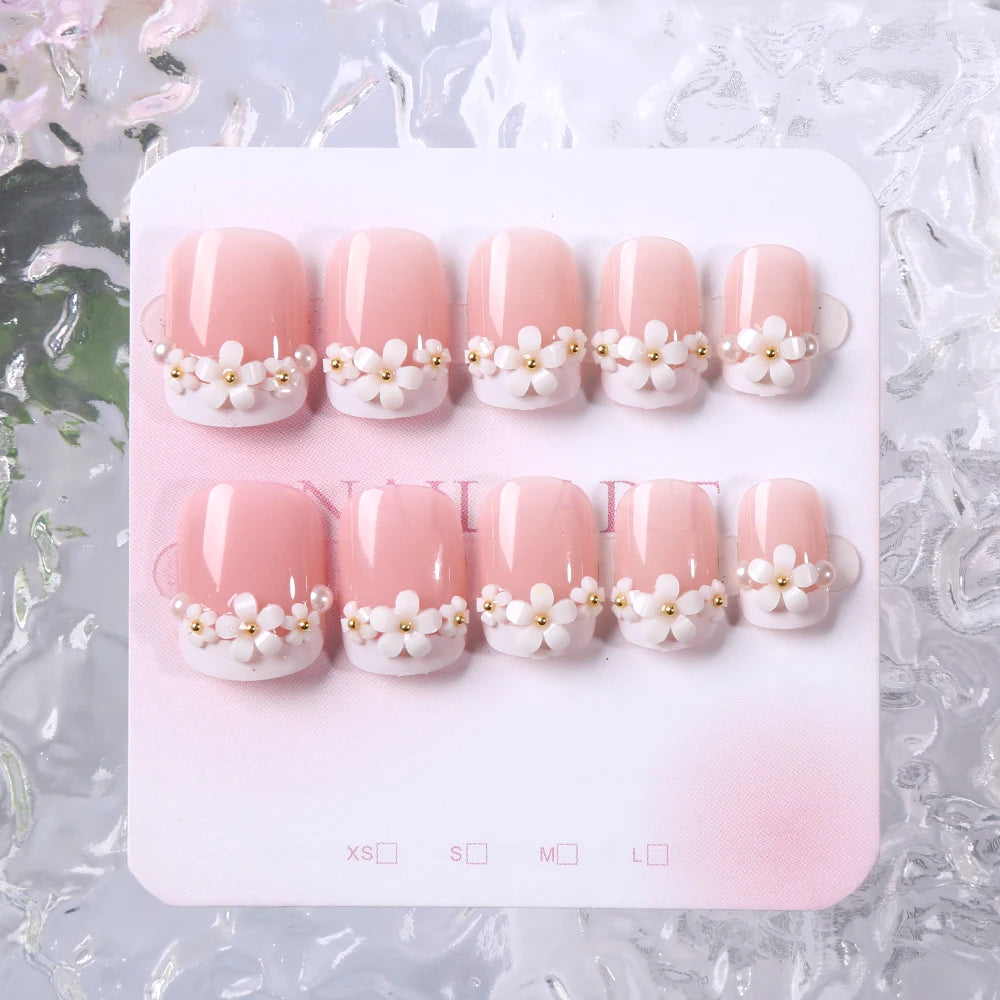 24pcs Medium Long Acrylic Fake Nails 3D Flower Pearl Design Press on Nails Ballerina Full Cover False Nails Tips for Women