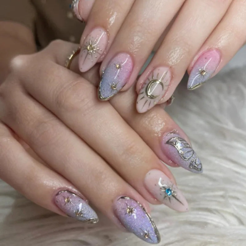 24Pcs Short Almond Nails Set Full Cover Star Moon Wave French Glitter Press on False Nails with Jelly Glue Detachable Nail Art