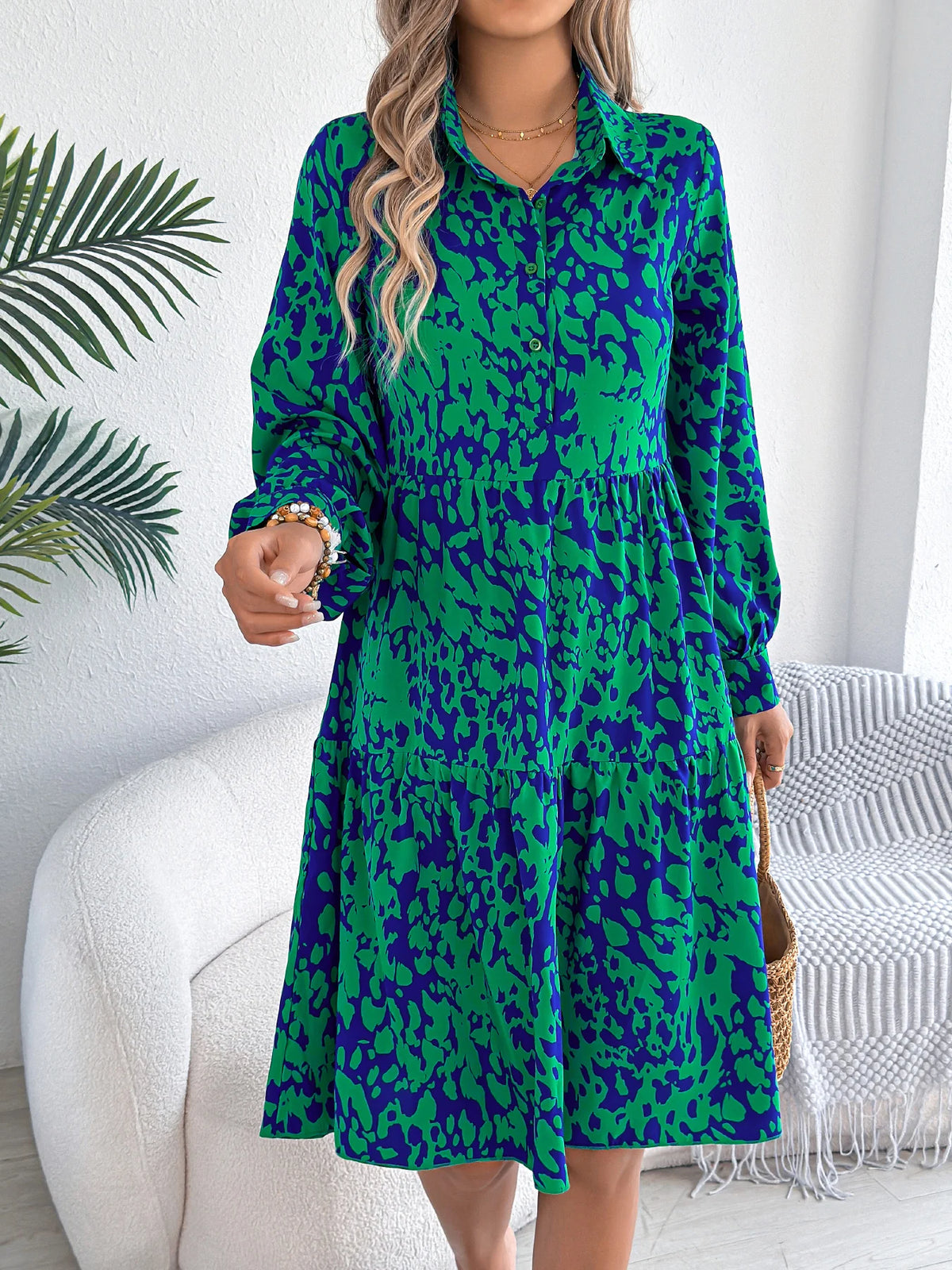 Spring Autumn Casual Vacation Single Breasted Turn Down Collar Long Sleeved Leopard Print Dresses for Women