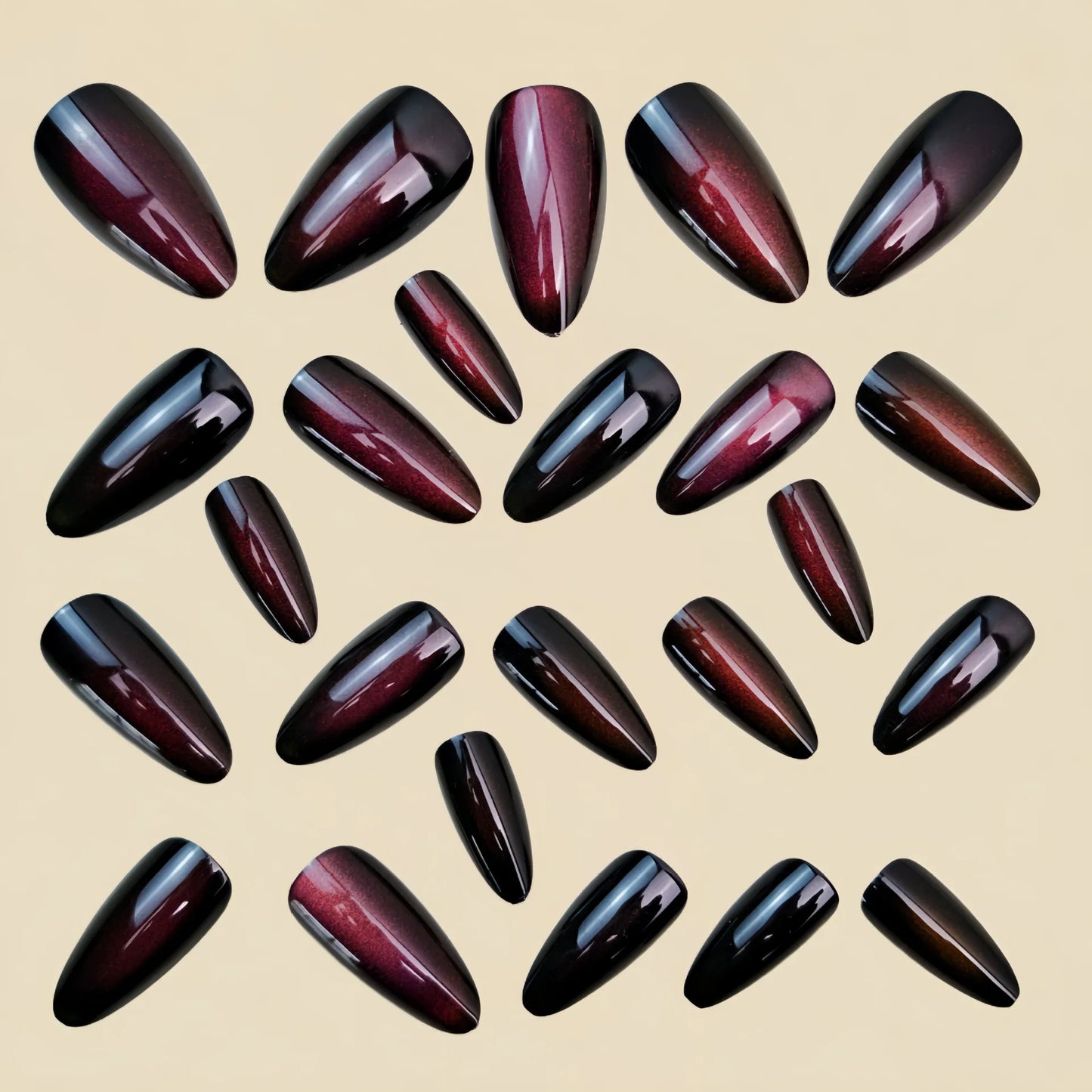 Medium fake nails for women girls wine red black glossy shimmer cat eyes Almond nail tips full cover press on acrylic false nail