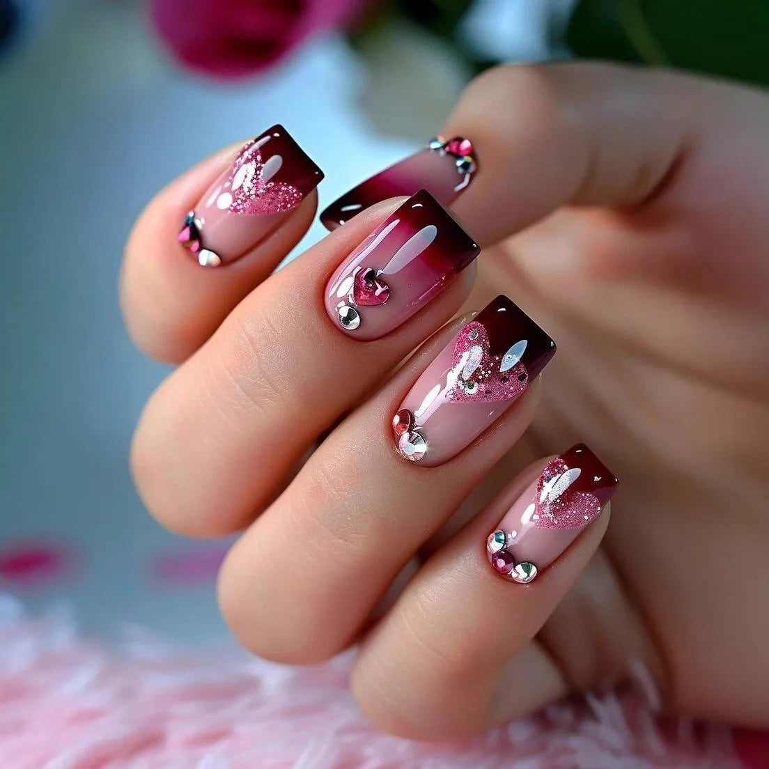 24PCS Gothic False Nails Dark Red Vine Pattern Medium Coffin Press on Nail Sticker Sweet Cool Glossy French Fake Nail Spice Girl