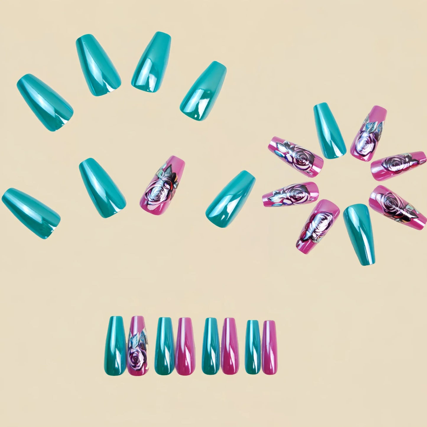 Short Medium fake nails for women girls green purple golden colors flowers leaf design glossy square ballet shape press on nails