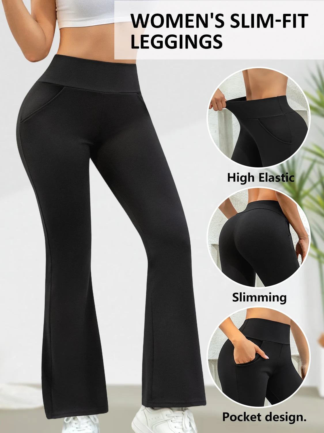 1PC Simple Black High Waist Women's Legging with Pockets Yoga Running Fitness Sporty Bell-bottoms Suitable for Spring and Autumn