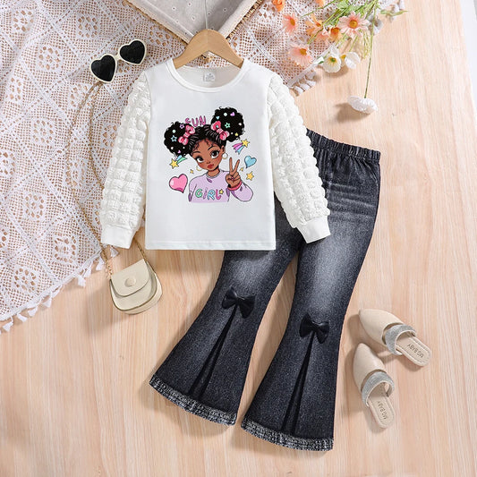 Girls’ Spring & Autumn Fashion Set – Cartoon Top & Slim Pants