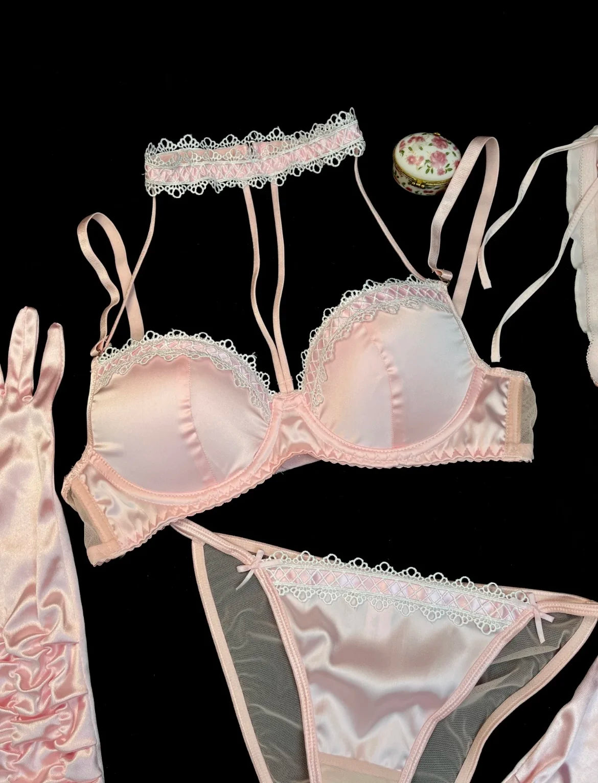 MOYISU Method Pearl Powder Bra Set Lace Halter Neck Design for Small Breasts Big Thick Cup Pure Desire Sexy Underwear for Women