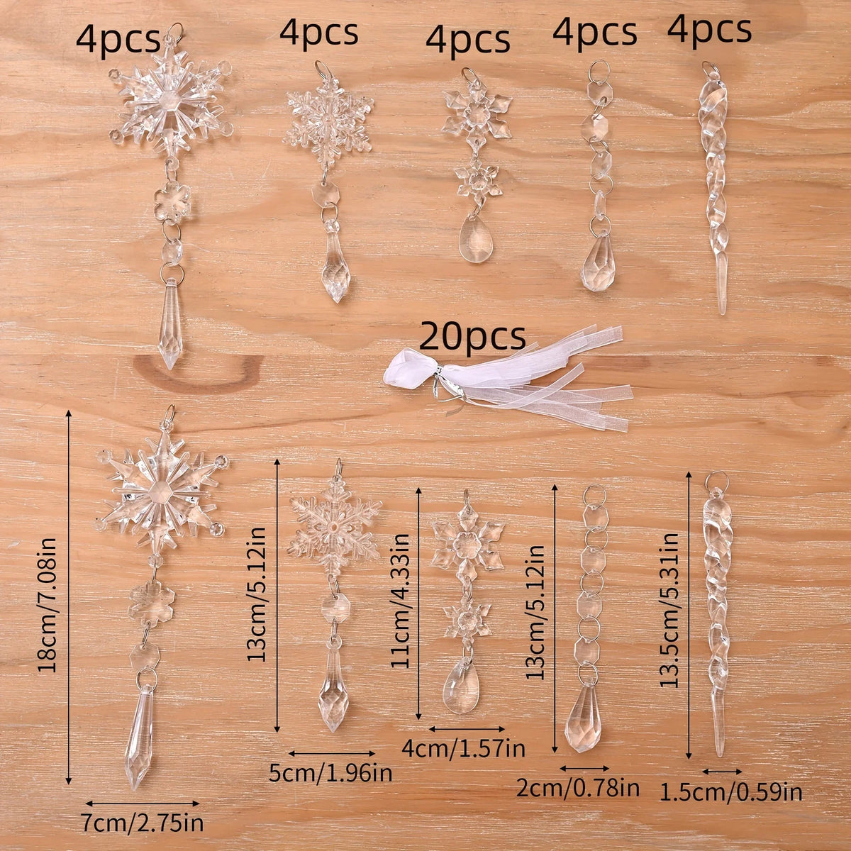 20pcs Christmas Tree Decoration Ornaments, Hanging Acrylic Snowflake Icicle Drop Clear Christmas Ornaments for Xmas Tree Decor