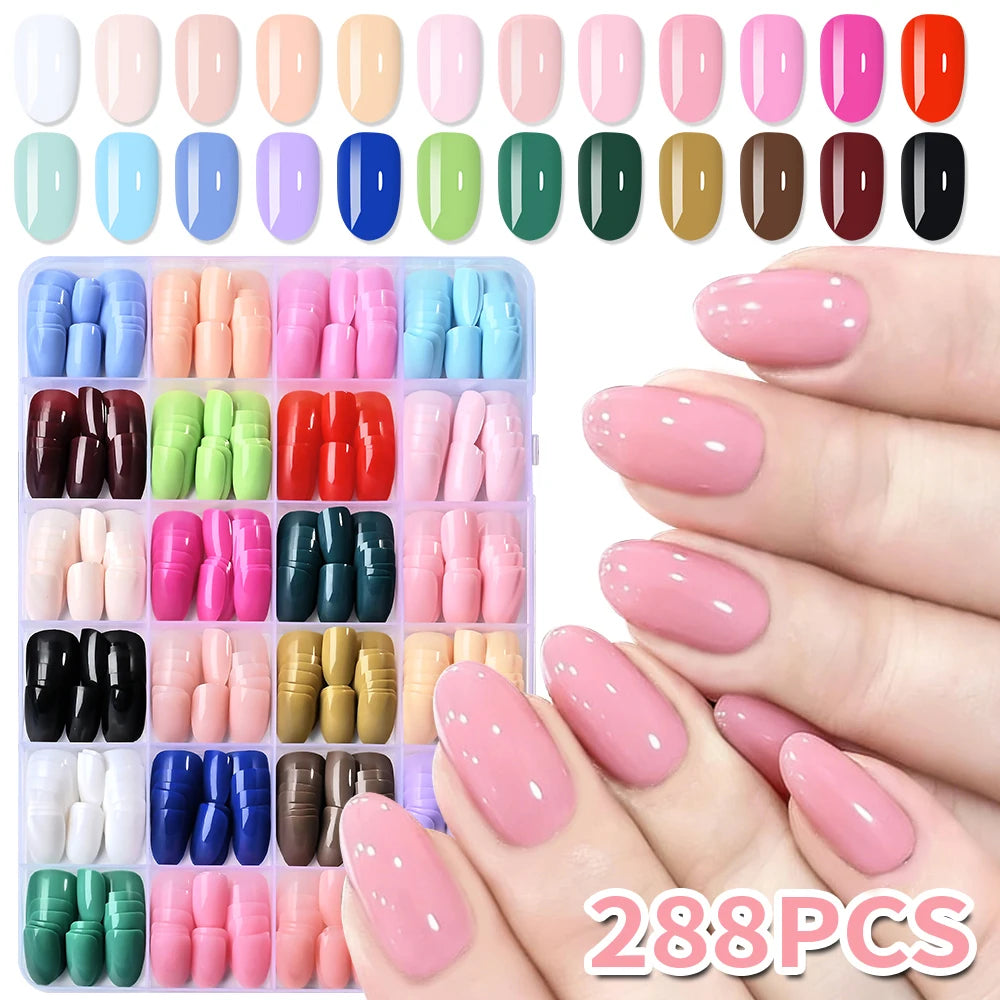 288/576Pcs Short Almond Press On Nails – Mixed Colors أظافر لاصقة قصيرة بشكل لوزي بألوان متنوعة – 288/576 قطعة
