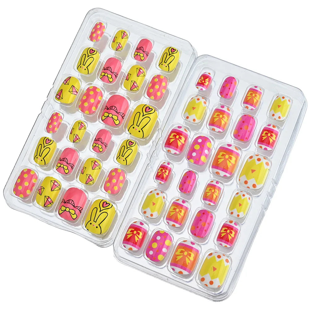24pcs/box Candy Kids False Nail Cartoon Full Cover Press On Fake Nails Tips Kawaii Acrylic Artificial Fingernails for Girls