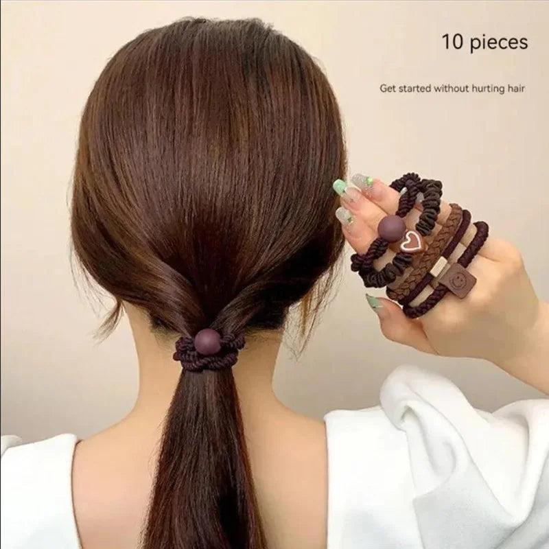 10PCS Women's Hair Ring Set: High Elasticity Leather Band, Simple Temperament, Durable New Style for High Ponytail