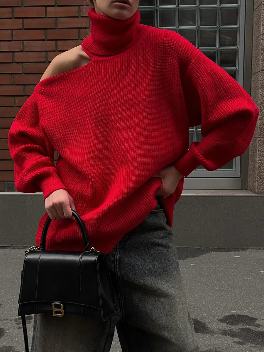 Women New Turtleneck Cutout Shoulder Pullover Long Sleeve Ribbed Knit Trendy Loose Fit Sweater Autumn Winter Fashion Streetwear
