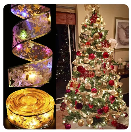 Christmas Decoration LED Ribbon Lights Christmas Tree Ornaments DIY Lace Bows String Light Navidad Home Decoration New Year 2025