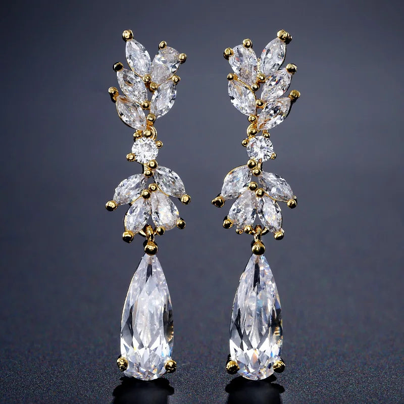 ZAKOL White Zircon Leaf Dangle Earrings for Women Shinny Water Drop Crystal Flower Pendant Earring Bridal Wedding Jewelry