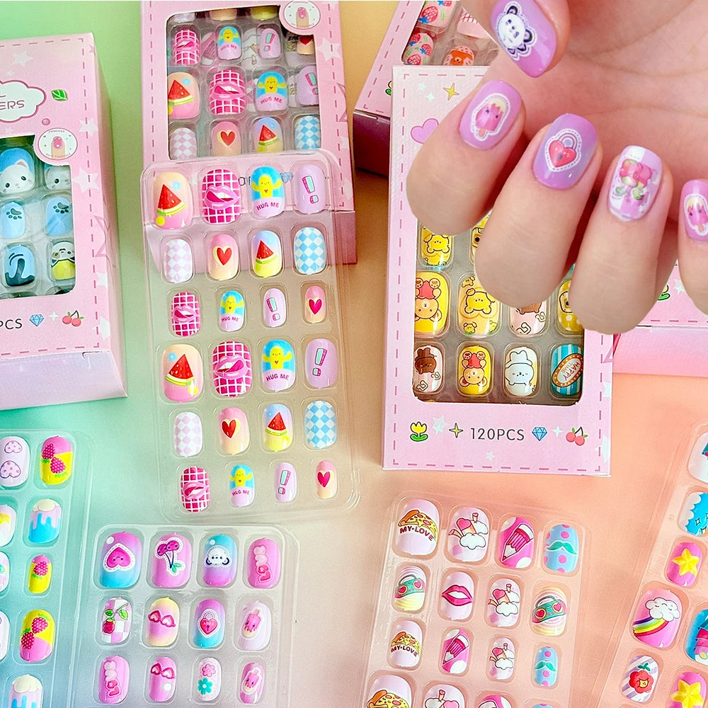 120Pcs Cartoon False Nails for Girls Kawaii Acrylic Short Square Full Cover Fake Nails Tips Kids Press on Nails with Jelly Glue