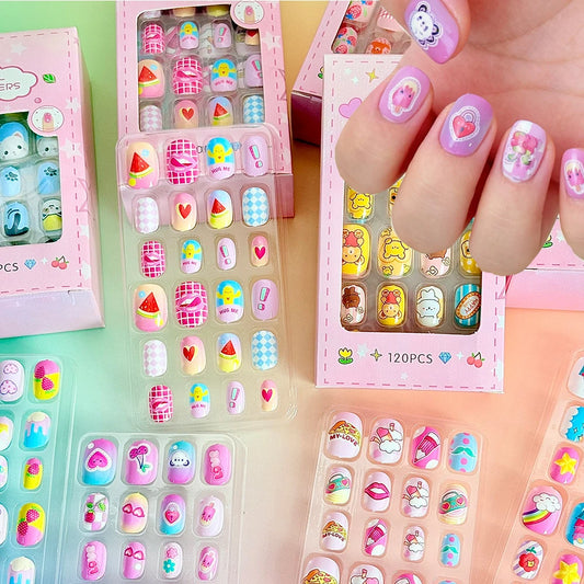 120Pcs Cartoon False Nails for Girls Kawaii Acrylic Short Square Full Cover Fake Nails Tips Kids Press on Nails with Jelly Glue
