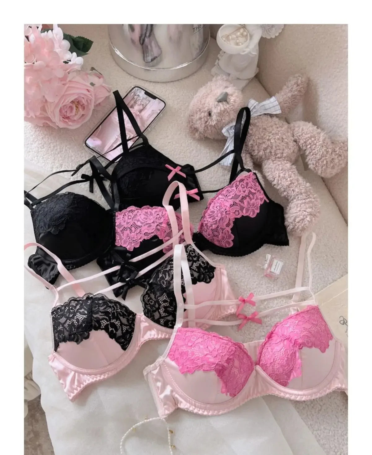MOYISU Sweet Trap French Bow Bra Set - Wireless Push-Up for Petite Chest, Pure Seduction Lace Bralette with Elegant Ribbon Charm