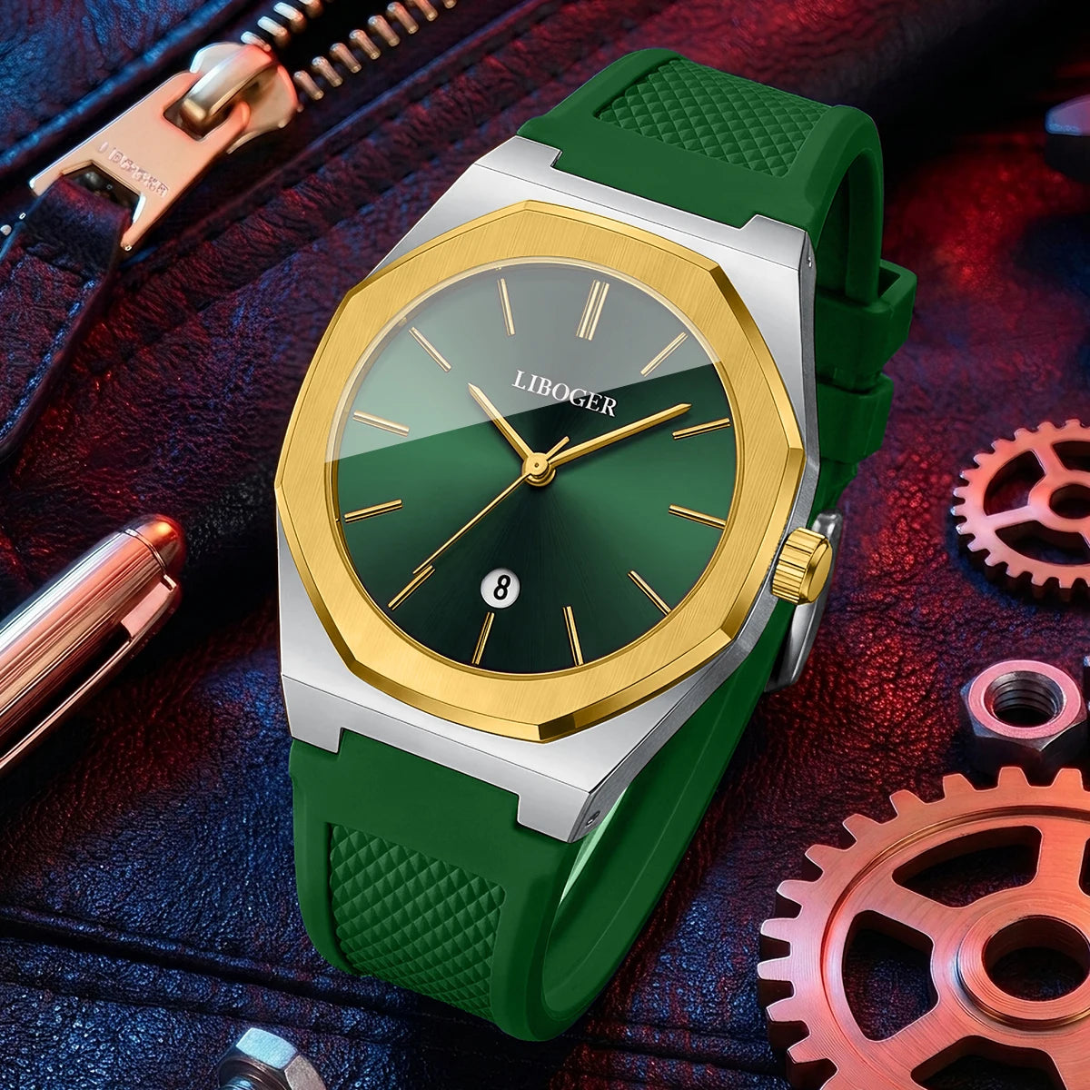 Fashion Octagonal Dial Men Calendar Quartz Watch Casual Silicone Strap Sports Wristwatches Relogio Masculino（Without Box）