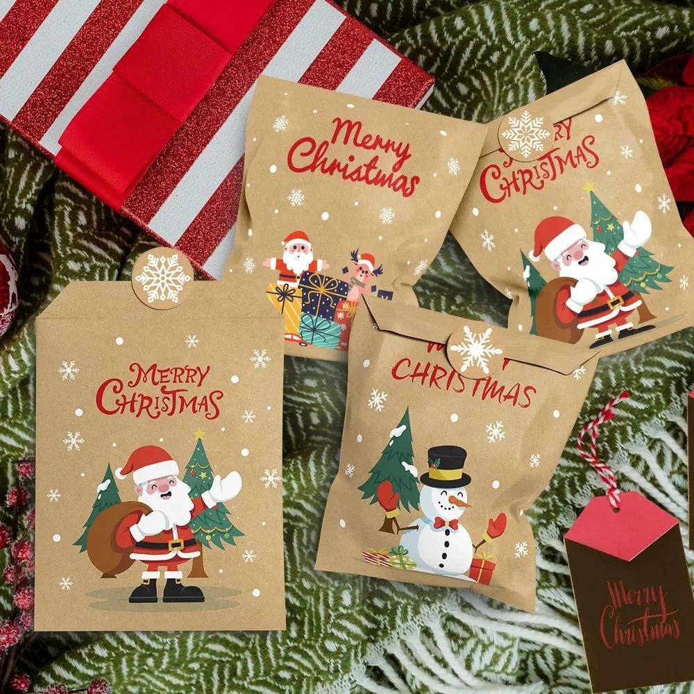 24 Sets Vintage Christmas Kraft Paper Bags Let it Snow Candy Treat Bag with Stickers Advent Calendar Xmas Party Favor Gift Pouch