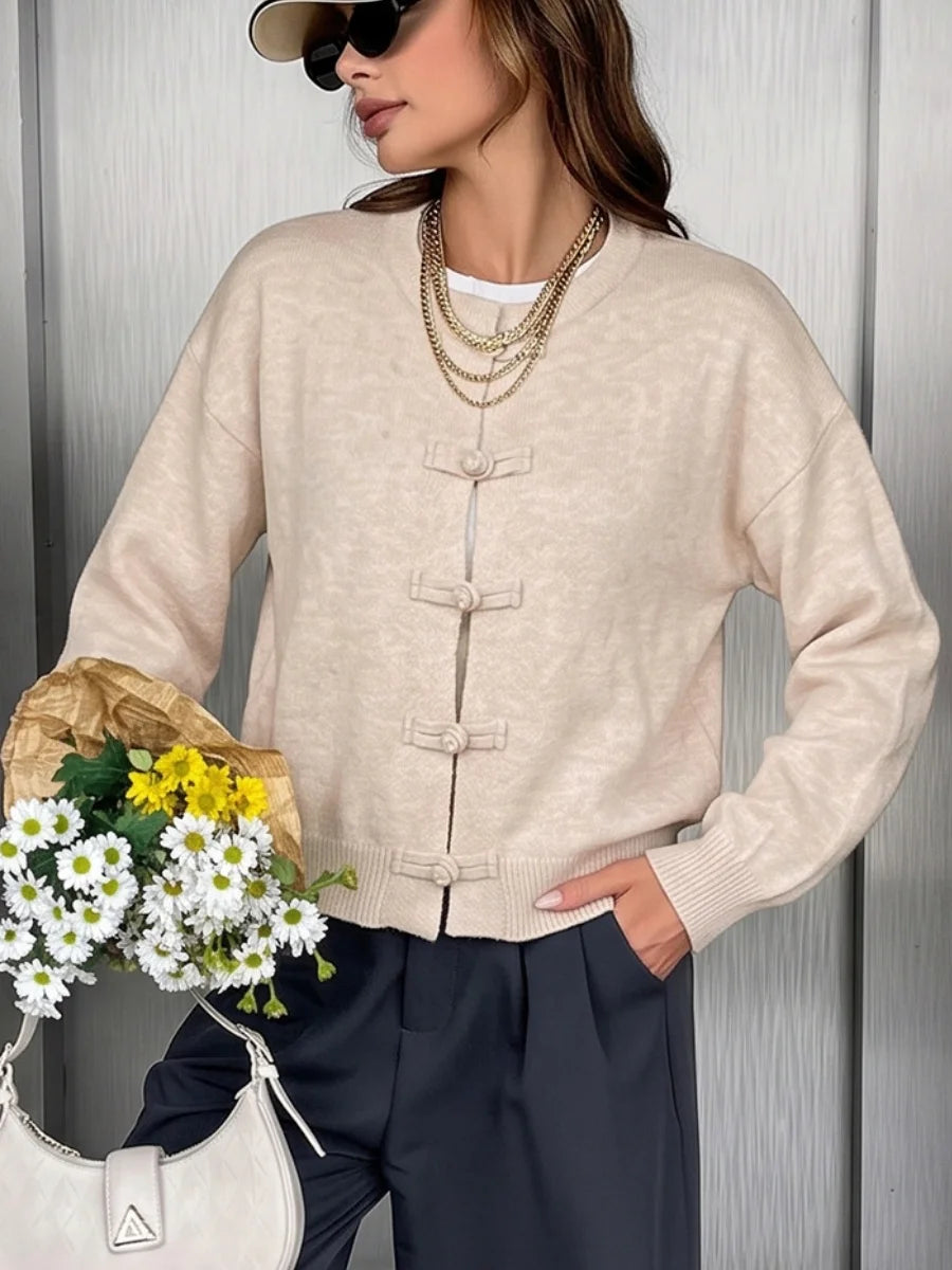 Women Vintage Knitted Sweater Causal Long Sleeve O-Neck Soft Warm Chinese Style Buckle Cardigan Female Autumn Winter Outerwear