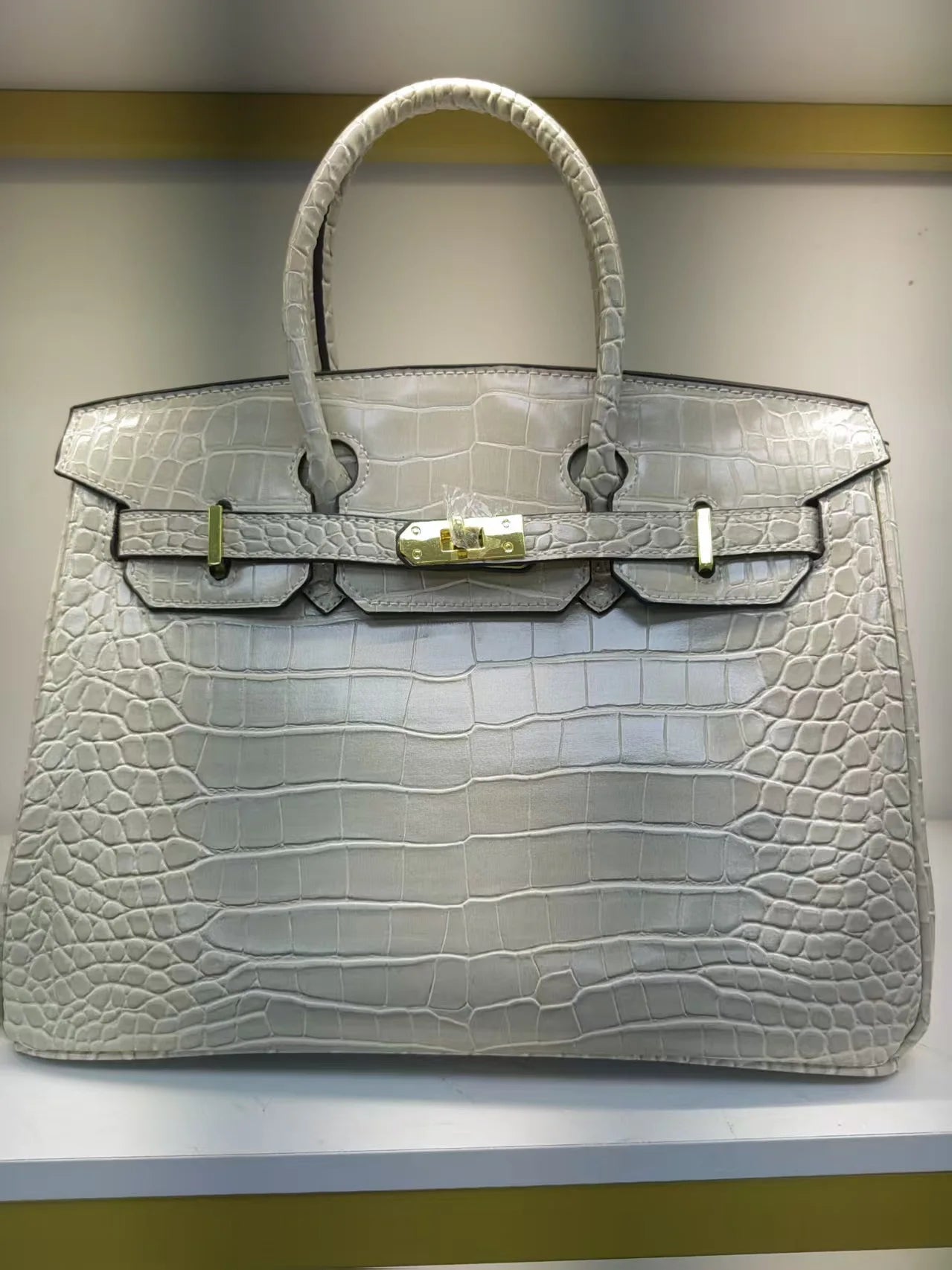 2026 New Model Crocodile Pattern Platinum Handbag – Gold Buckle