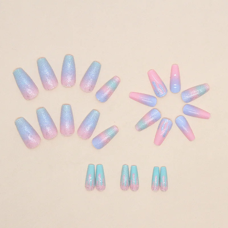 24Pc/set Girl Pink Blue Gradient Long Ballet Fake Nails Acrylic Press on Nail Tips Removable Artificial Wearing False Nails Art
