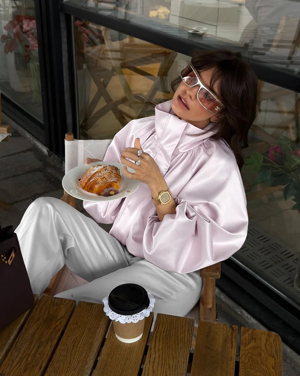 Women's Elegant Satin Zipper Jackets Fashion Stand Collar Long Puff Sleeve Loose Fit Coats Casual Autumn Winter Outerwear