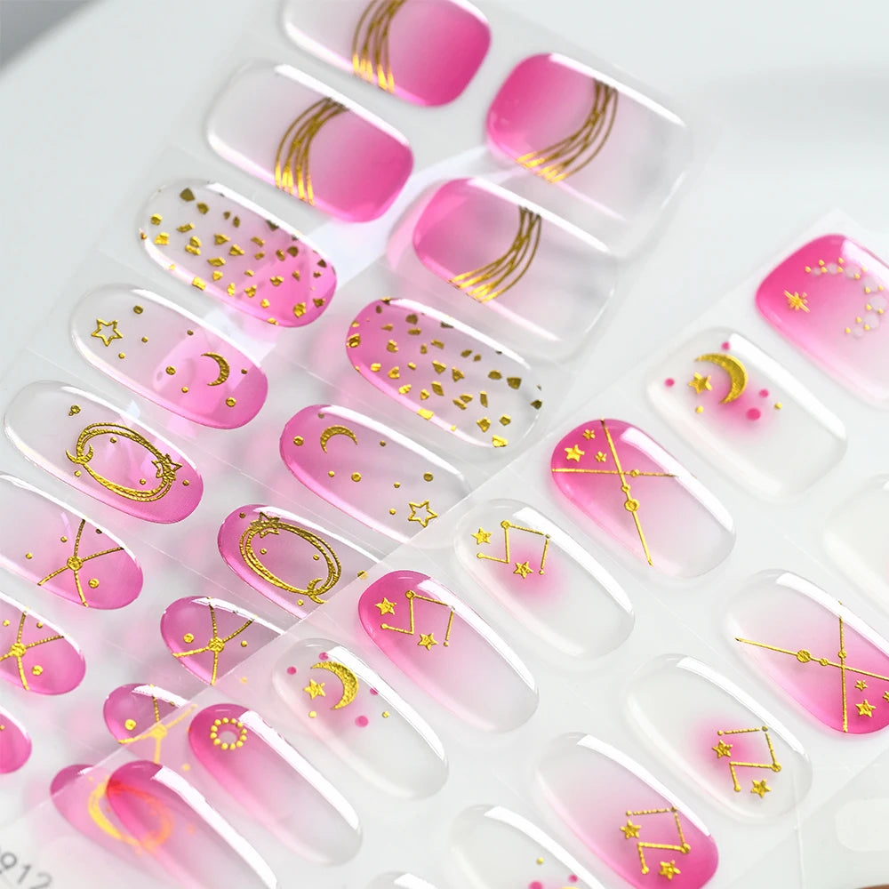 16Tips Gradient Semi Cured Gel Nail Strips Blush Flower Design Full Wrap Nail Decals French Gold Lines Gel Nail Polish Sticker