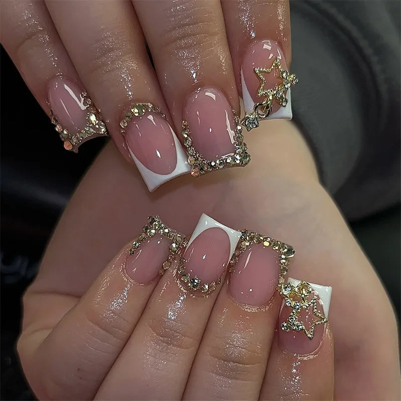 24Pcs Mid-length Fake Nails with Glue Wearable Glitter Press on Nail Detachable French Sweet Butterfly Acrylic Nail Manicure Tip