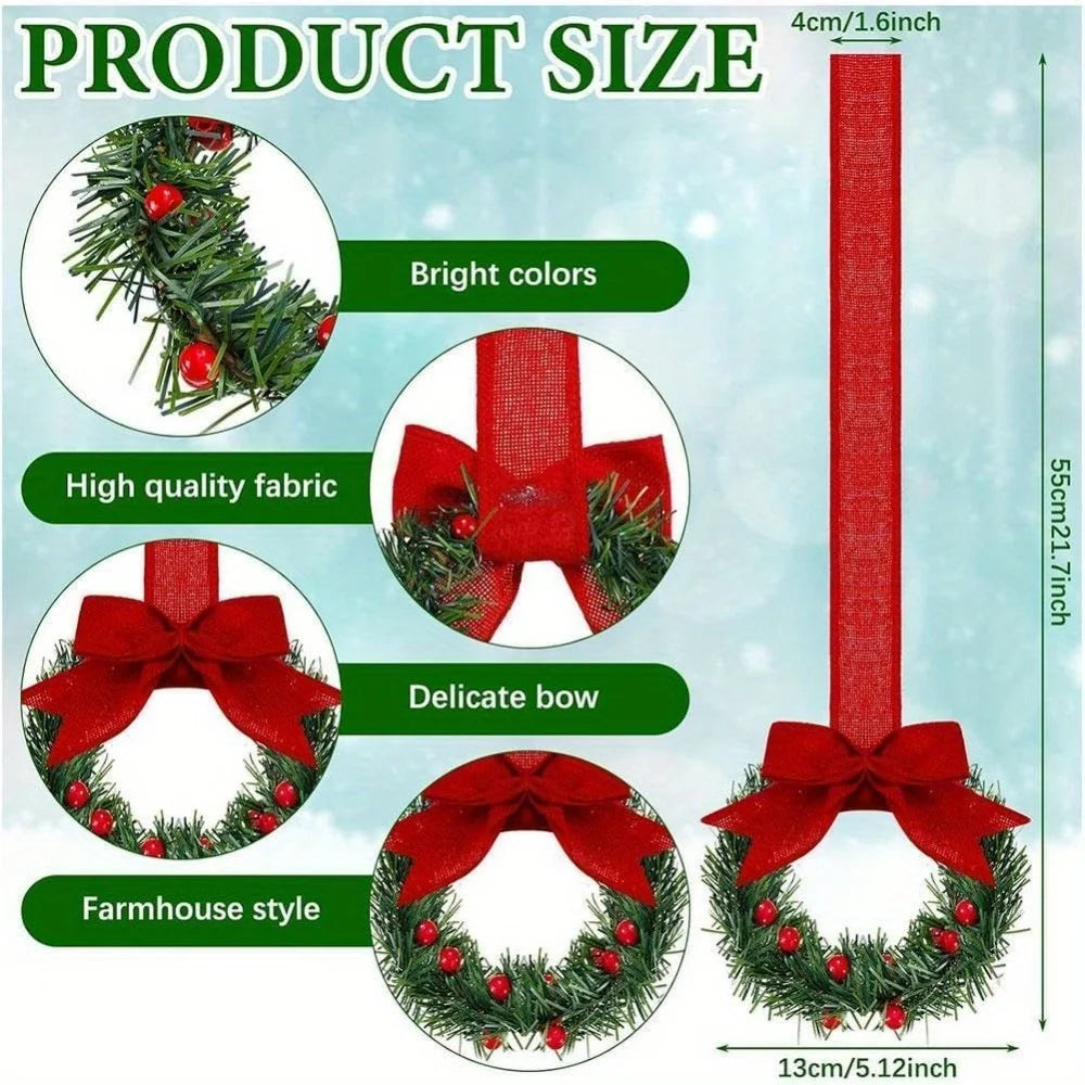 6 Christmas Kitchen Cabinet Wreaths With Ribbons, Christmas Mini Cabinet Wreaths With Ribbon Bows, For Fireplaces,Stair Railings