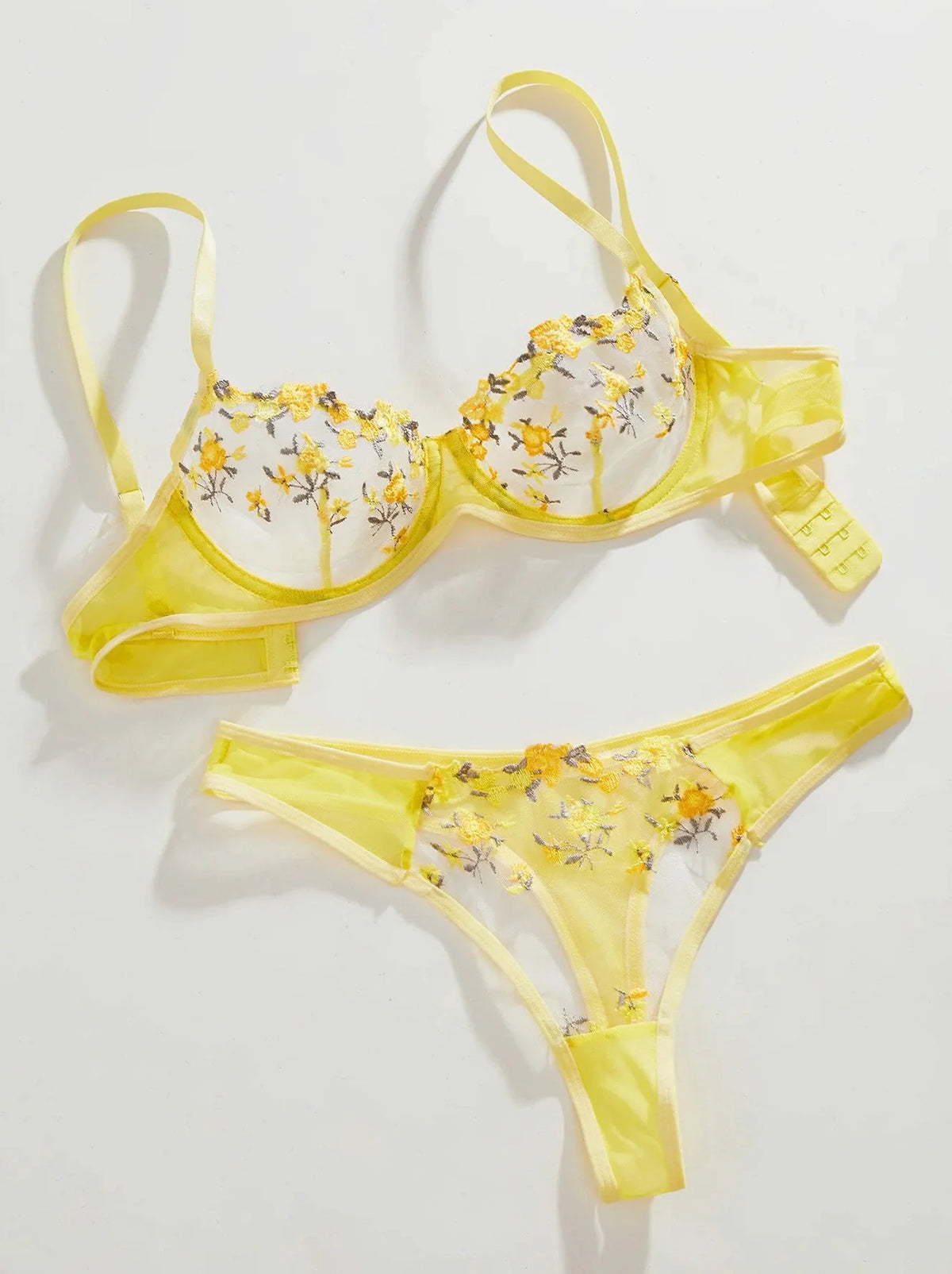 Yellow Floral Embroidery Bra Set Women's Half Cup Underwear Thin Breathable Thong 2-Piece Set Valentine's Day Gift