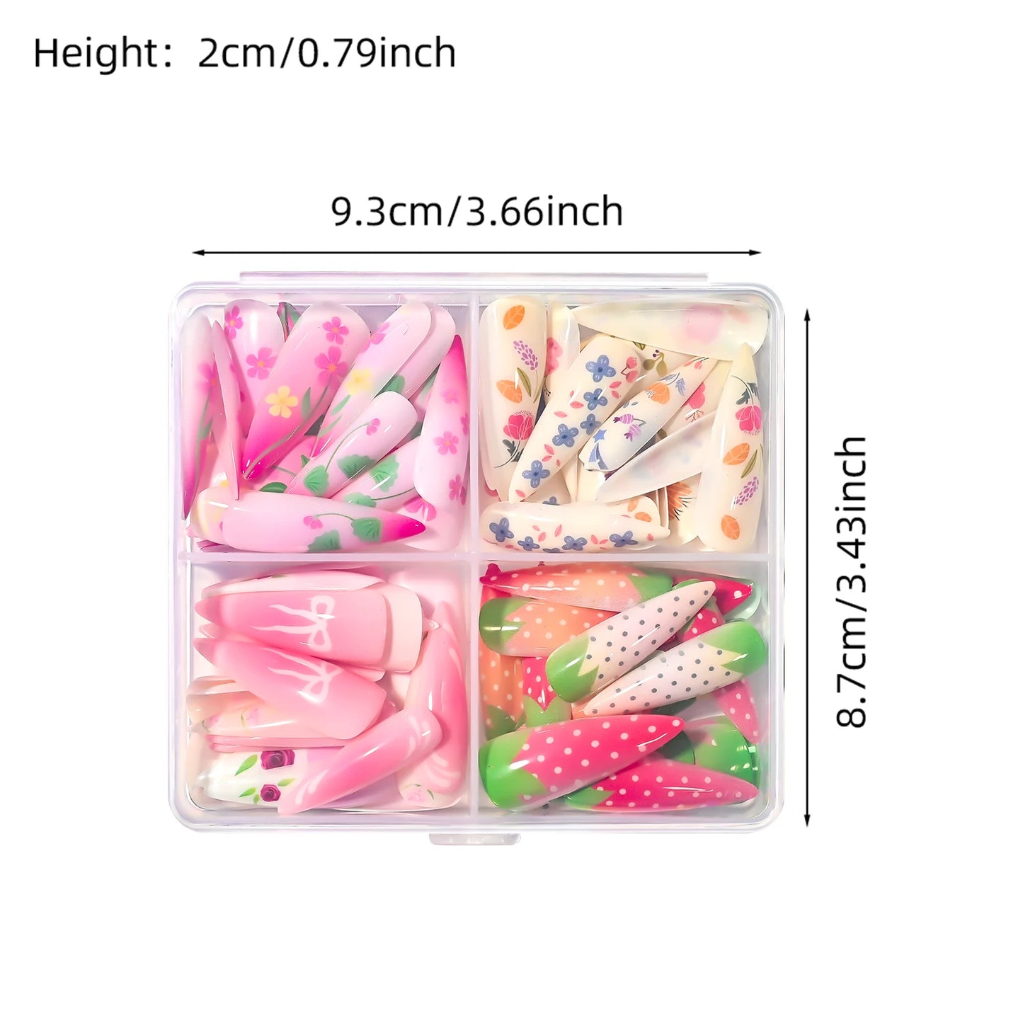 96pcs Gradient Pink Strawberry Design Long Almond False Nails Full Cover Fake Nails Tips Extension Floral Bow Press on Nails