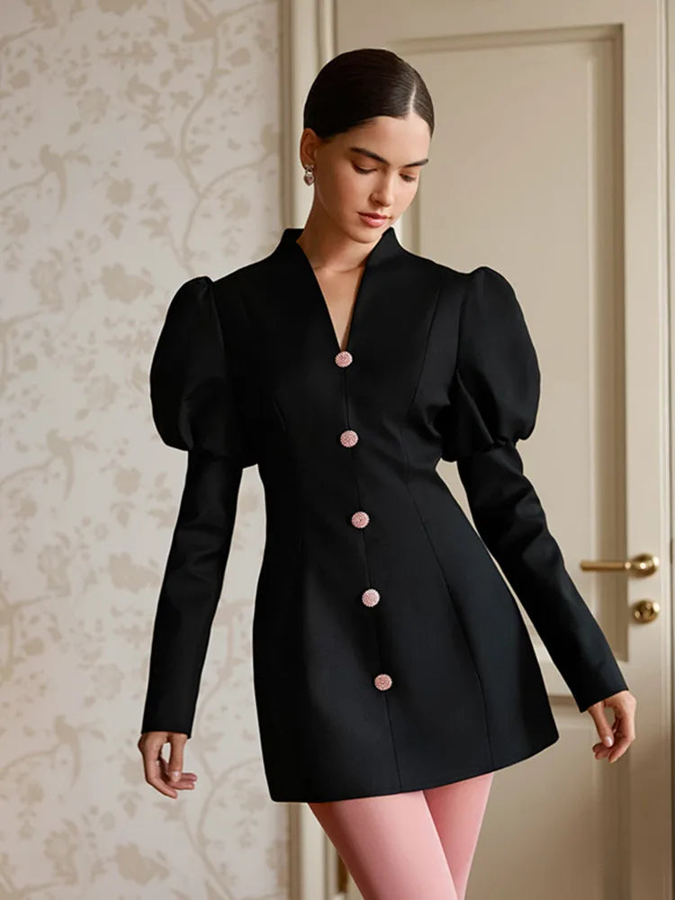 BKLD Hepburn Style Black A-Line Short Dresses Fashion Women's Clothing New V-Neck Puff Sleeve Single-Breasted Party Dress