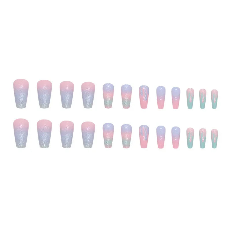 24Pc/set Girl Pink Blue Gradient Long Ballet Fake Nails Acrylic Press on Nail Tips Removable Artificial Wearing False Nails Art