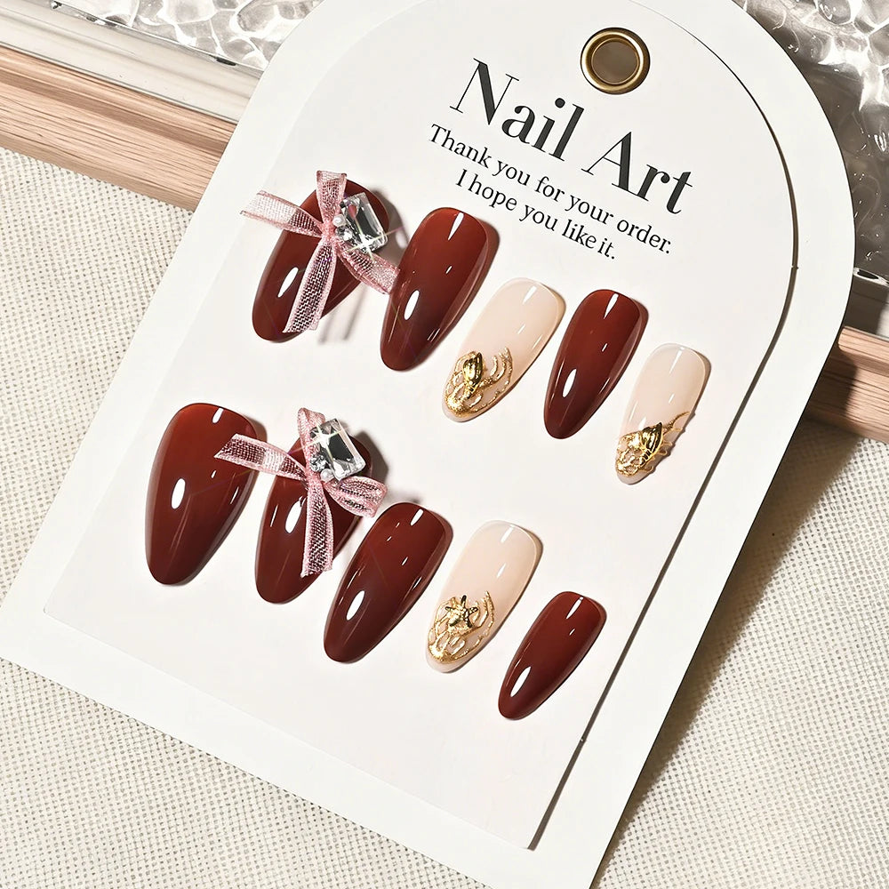 24Pcs Lace Bow Wearable Press on Nails with Diamond Design Red Medium Almond False Nails for Women Full Cover Fake Nail Tips