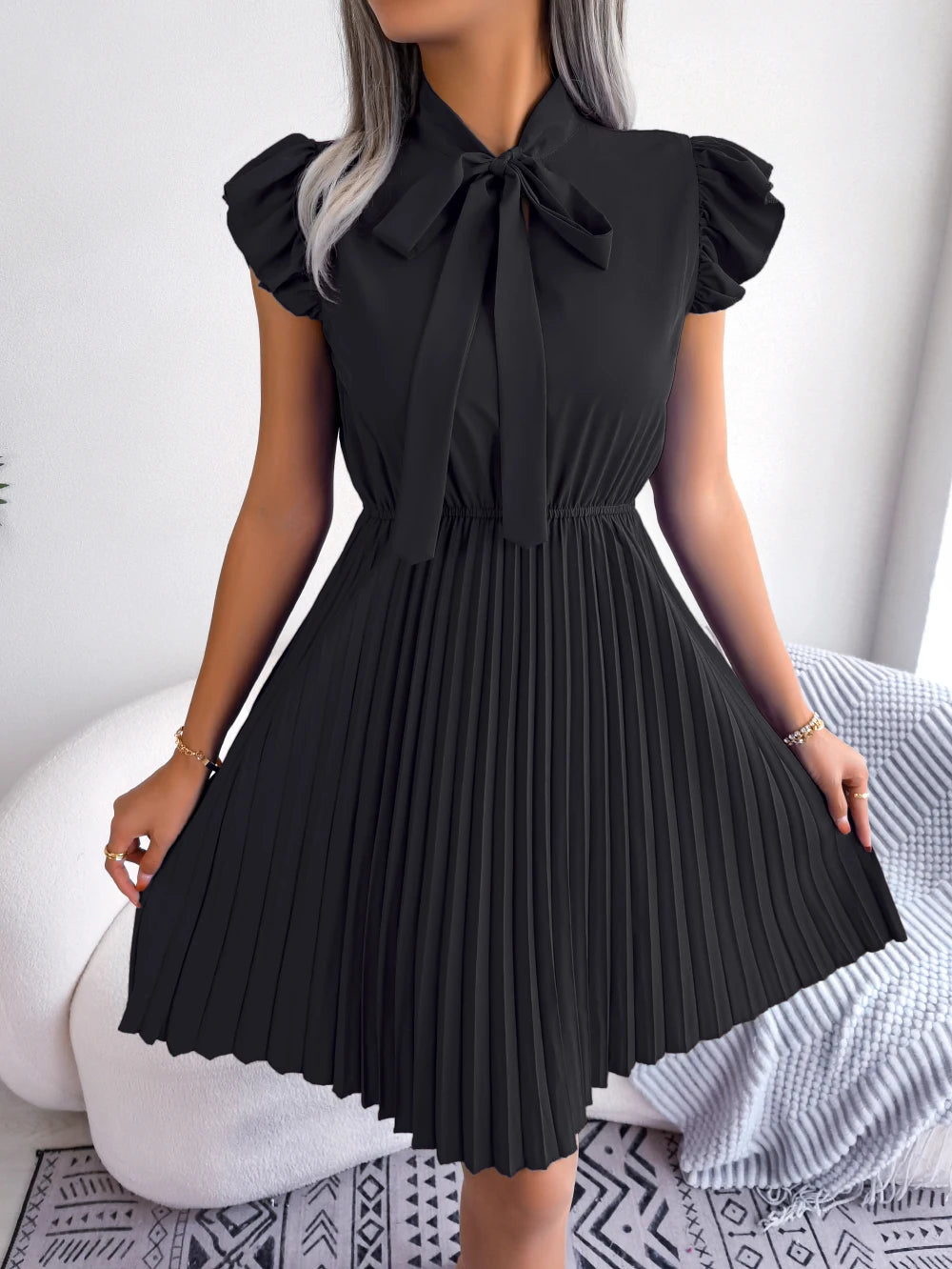 Elegant Bow Tie Pleated Dress 2026 Women Summer Solid Color Ruffles Short Sleeve Mini Dress Green Red Black Blue Woman Clothing