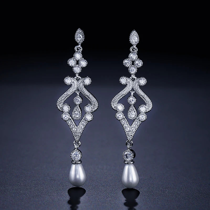ZAKOL Elegant Simulated Pearl CZ Bridal Long Drop Earrings Fashion Engagement Wedding Jewelry Gifts for Women