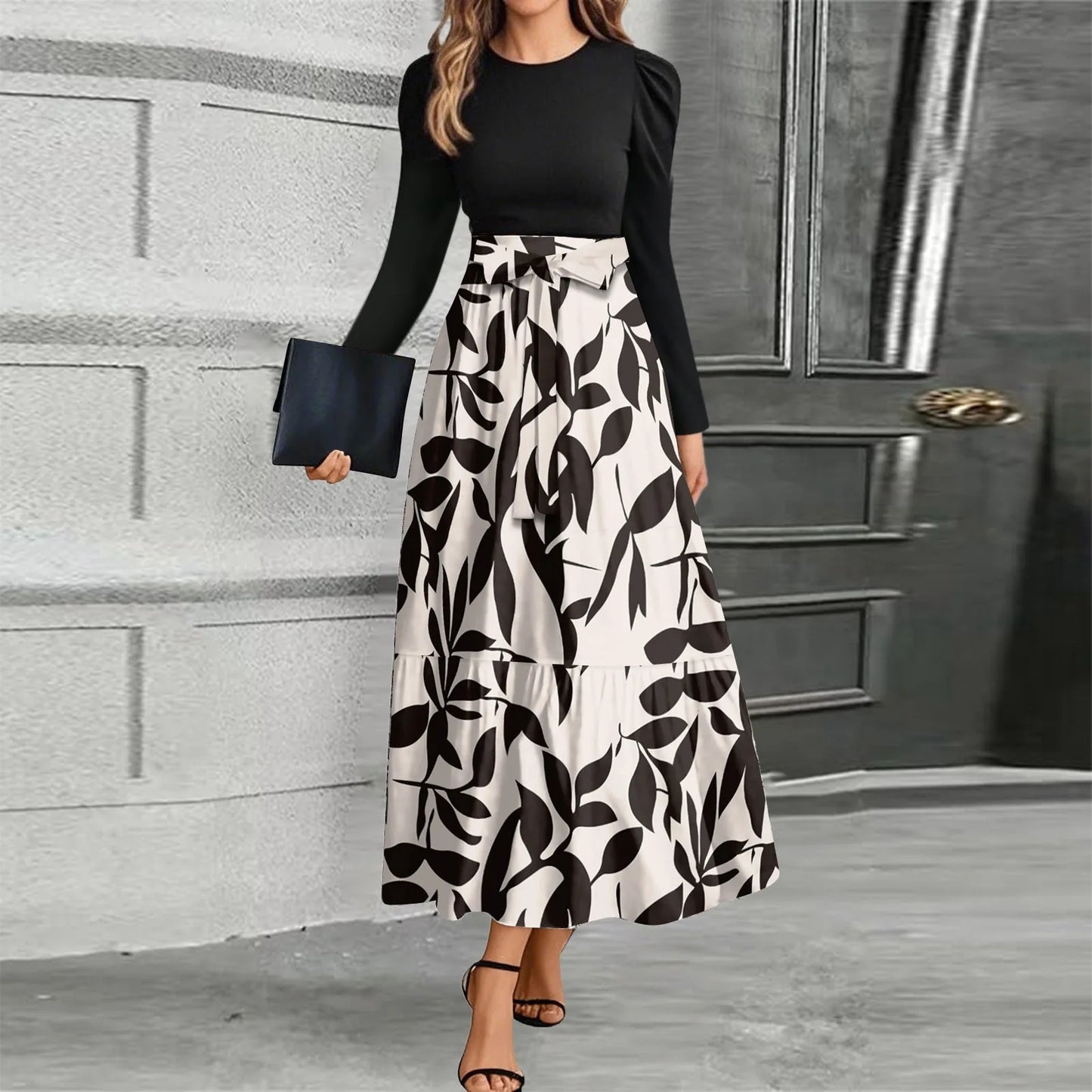 Printed High-Waist Long Sleeve Maxi Dress – O-Neck 2026