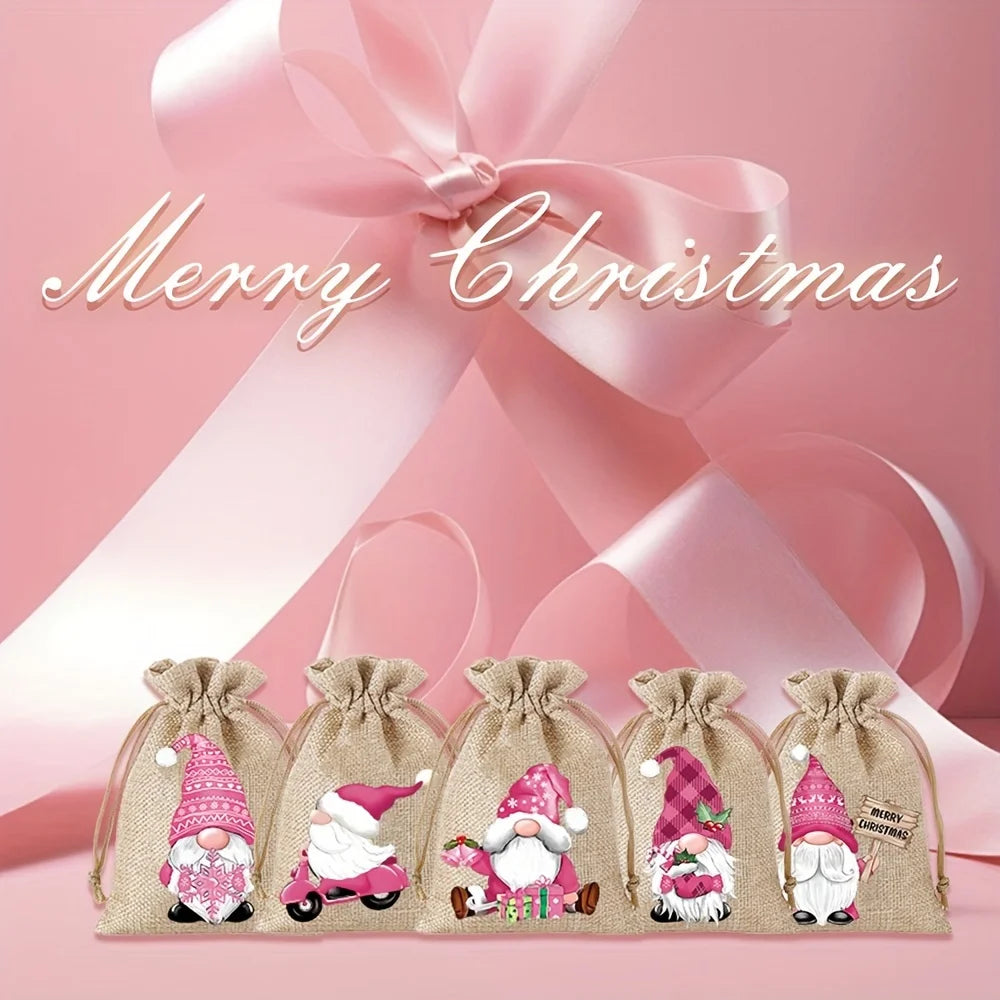 12Pcs Retro Red Truck Christmas Drawstring Pockets, Various Christmas Element Carriers, Painted and Printed Fabric Small Bags